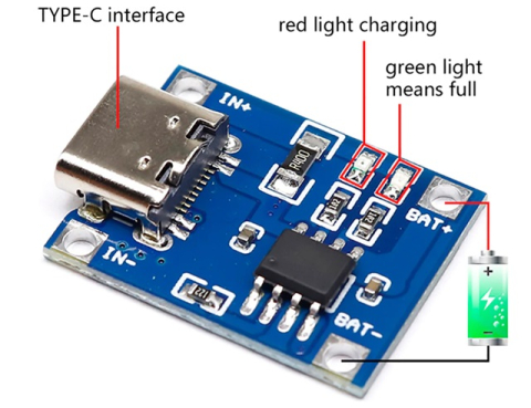 Incarcare, descarcare si afisare - Modul incarcare acumulatori litiu TP4056 1A USB tip C
