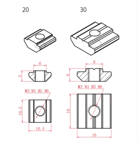 Piulita T culisanta M3 pentru profil aluminiu 2020, canal 6mm (set 5 buc.) [3]