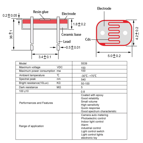 Senzor lumina - fotorezistor LDR 5539, 5mm, compatibil Arduino (set 3 buc) [2]