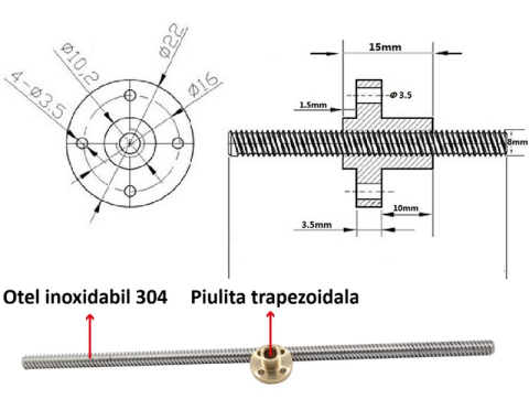 Surub trapezoidal T8 300mm cu piulita, pas 2mm, avans 8mm, imprimanta 3D [3]