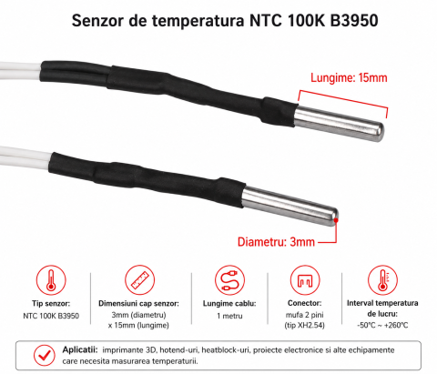 Termistor HT-NTC100K B3950, cablu 1m, mufa 2 pini, imprimanta 3D [2]