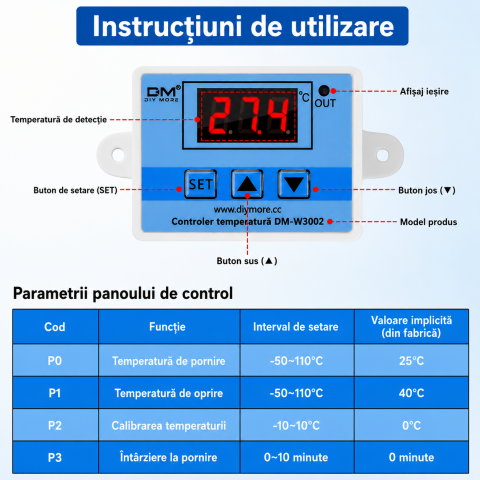 Termostat digital DM-W3002 DC 24V 240W cu sonda NTC 10K, -50-110°C [2]
