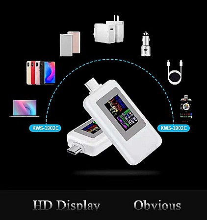 Tester USB C, cu afisaj color, KWS-1902C, tensiune, putere, amperaj [1]