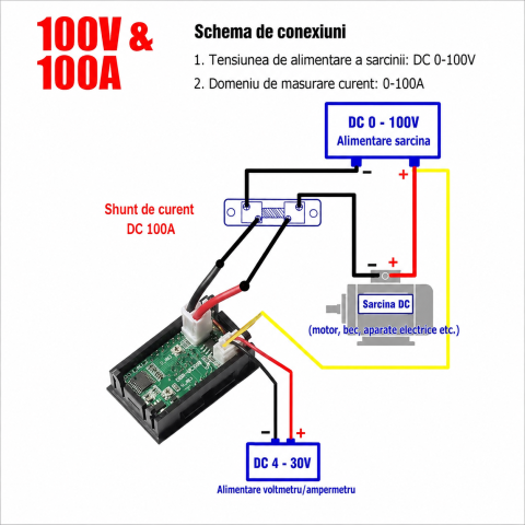 Voltmetru si ampermetru digital DC 0-100V 100A, display LED, shunt extern 100A [5]
