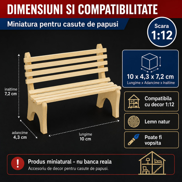 Banca de gradina din lemn natur, miniatura 1:12 pentru casute de papusi [2]