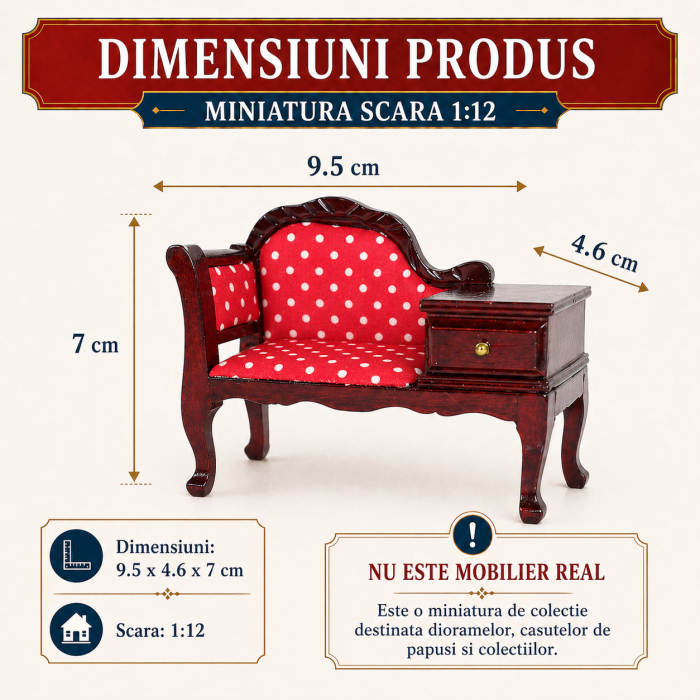 Bancheta miniaturala cu masuta laterala, lemn mahon inchis, scara 1:12 pentru casute de papusi [2]