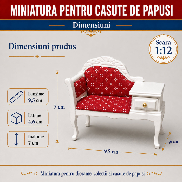 Bancheta miniaturala cu masuta laterala si tapiterie rosie, scara 1:12 pentru casute de papusi [3]