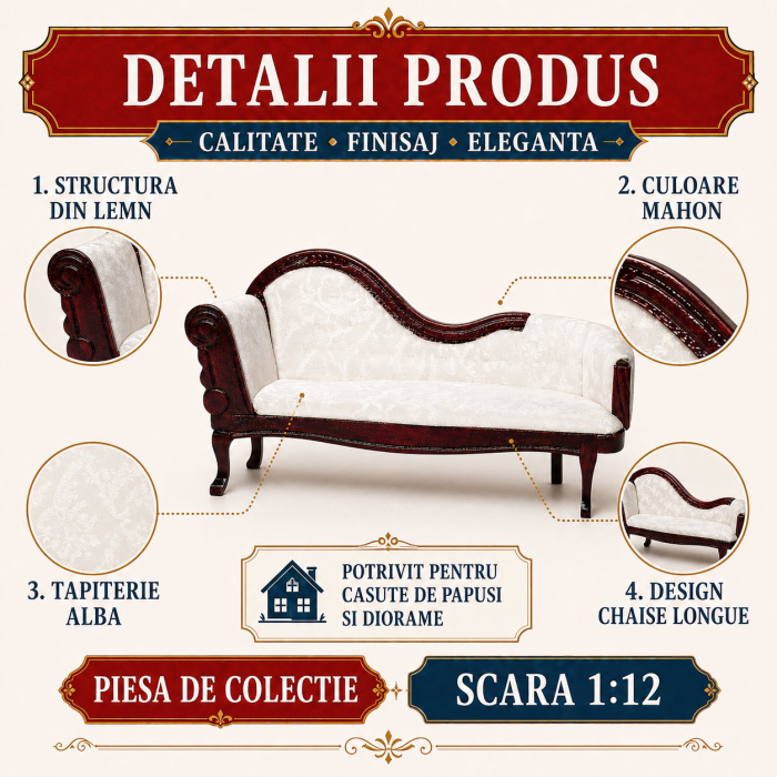 Canapea DeLuxe tip chaise longue din lemn mahon, miniatura 1:12 pentru casute de papusi [3]