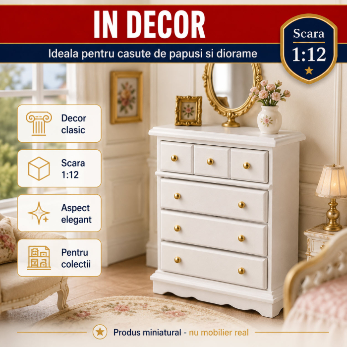 Comoda inalta cu sertare alba, miniatura 1:12 pentru casute de papusi [4]