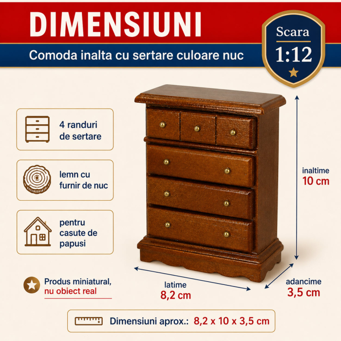 Comoda inalta cu sertare culoare nuc, miniatura 1:12 pentru casute de papusi [2]
