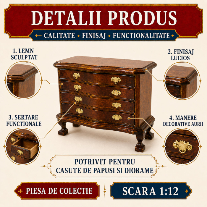 Comoda tip bufet din lemn sculptat culoare nuc, miniatura 1:12 pentru casute de papusi [3]
