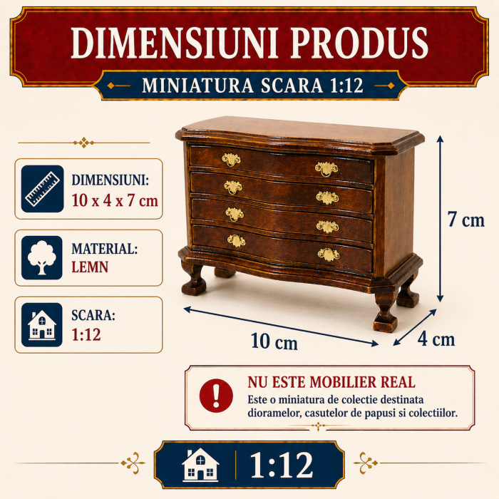 Comoda tip bufet din lemn sculptat culoare nuc, miniatura 1:12 pentru casute de papusi [2]