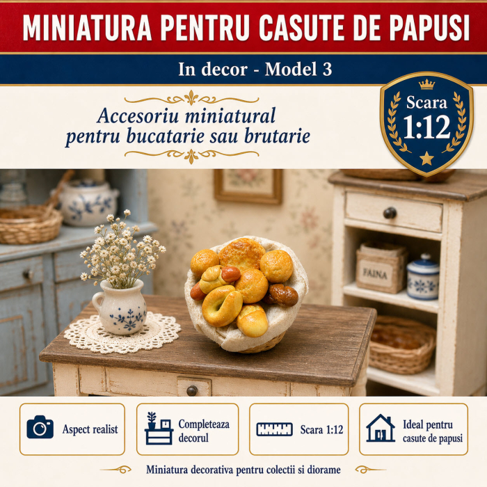 Cos cu paine si produse de patiserie, miniatura 1:12 pentru casute de papusi - Model 3 [4]