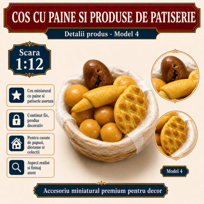 Cos cu paine si produse de patiserie, miniatura 1:12 pentru casute de papusi - Model 4 [3]