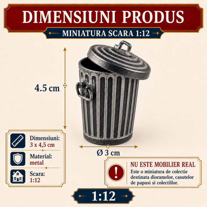 Cos de gunoi metalic cu capac mobil, miniatura 1:12 pentru casute de papusi [2]