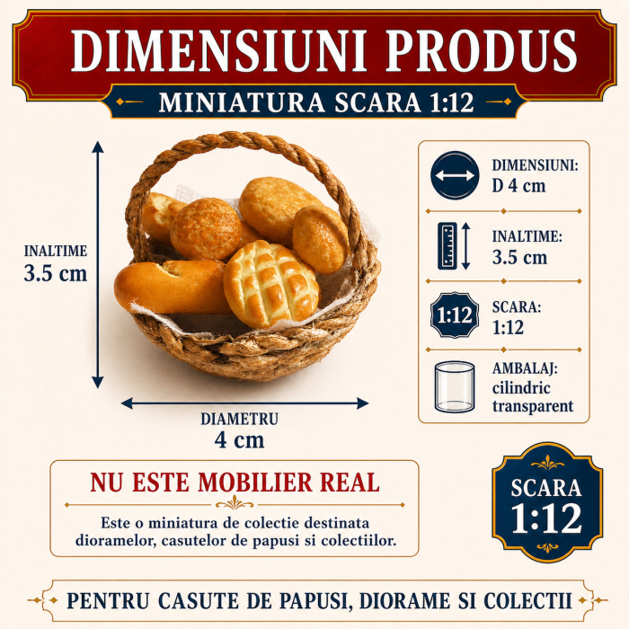 Cos mare cu toarta, paine si chifle asortate, miniatura 1:12 pentru casute de papusi [2]