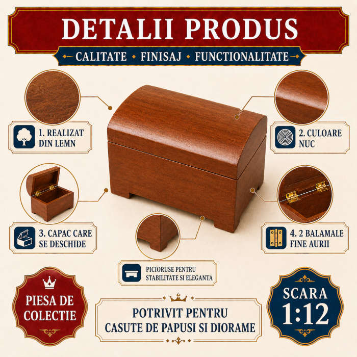 Cufar din lemn culoare nuc cu capac functional, miniatura 1:12 pentru casute de papusi [3]