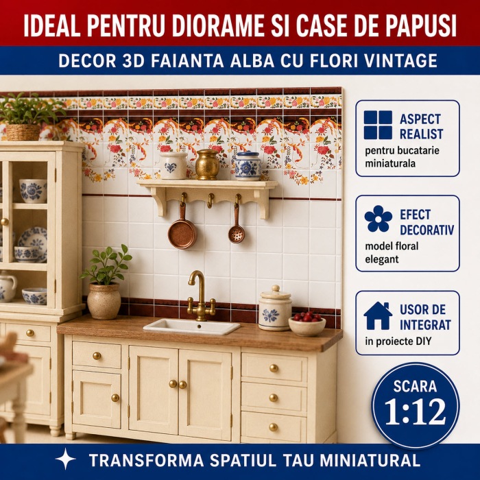 Decor 3D faianta alba cu flori vintage 28,5 x 19 cm, miniatura pentru bucatarie papusi [4]