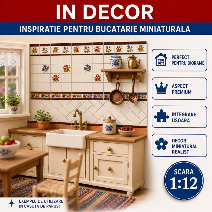 Decor 3D faianta cu flori 27,5 x 16,2 cm, miniatura pentru bucatarie papusi [4]