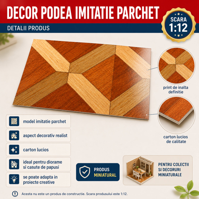 Decor podea imitatie parchet 28 x 18,5 cm, miniatura pentru casute de papusi si diorame [3]