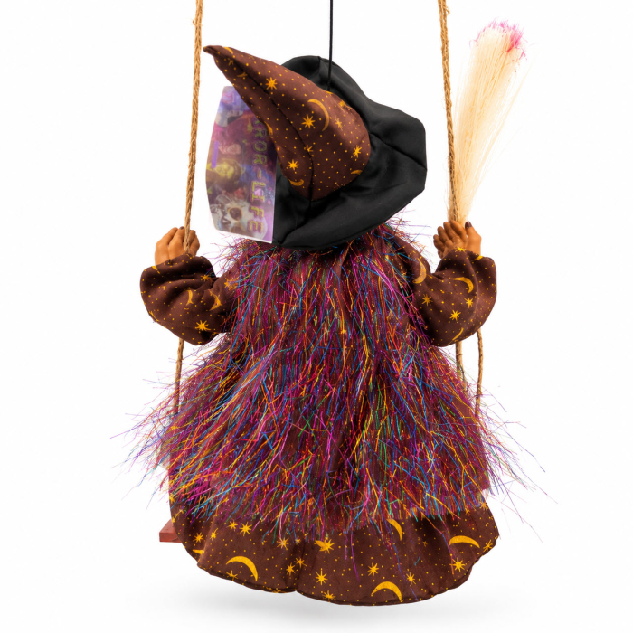 Decoratiune Vrajitoare Halloween pe Leagan, Sunete, Lumini si Miscare, 30 cm, Maro cu Stele Aurii [3]