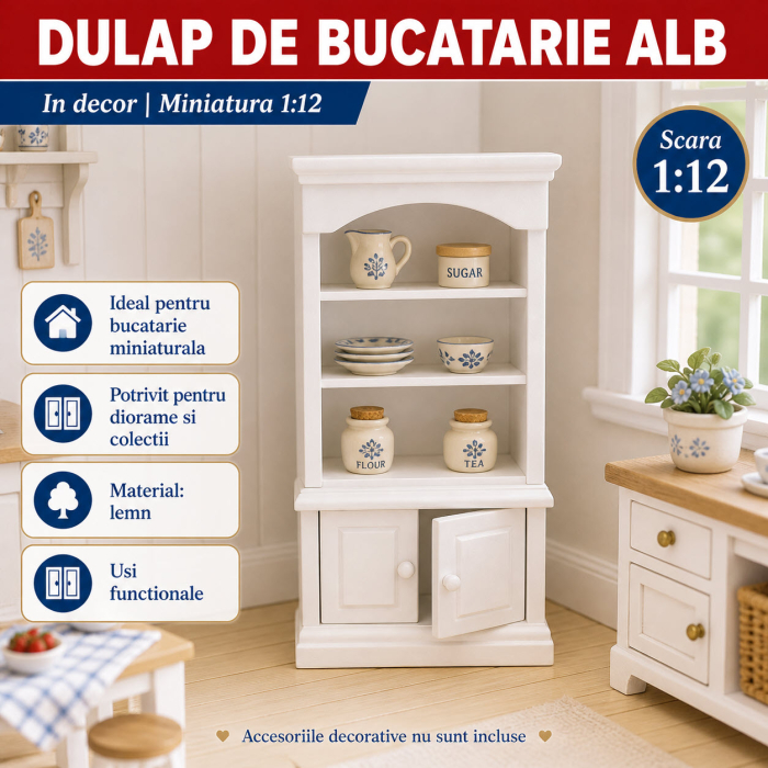 Dulap de bucatarie alb cu rafturi si usi functionale, miniatura 1:12 pentru casute de papusi [4]