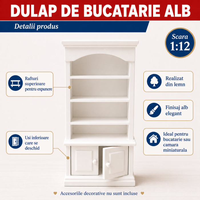 Dulap de bucatarie alb cu rafturi si usi functionale, miniatura 1:12 pentru casute de papusi [3]