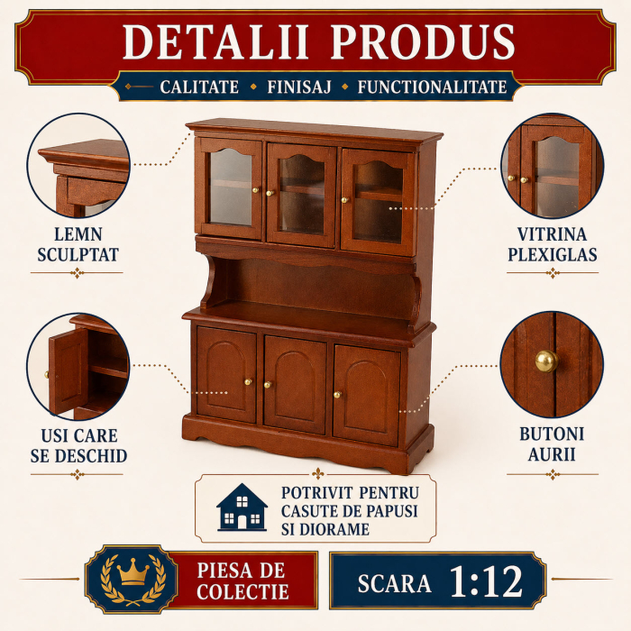 Dulap inalt din lemn cu vitrina culoare cires, miniatura 1:12 pentru casute de papusi [3]