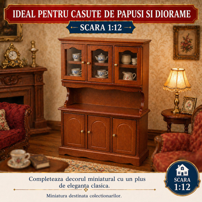 Dulap inalt din lemn cu vitrina culoare cires, miniatura 1:12 pentru casute de papusi [4]