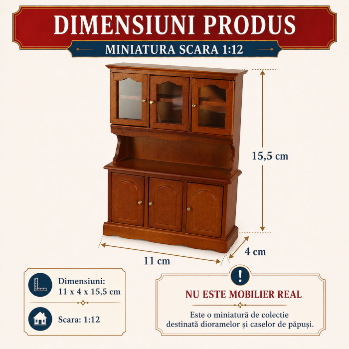 Dulap inalt din lemn cu vitrina culoare cires, miniatura 1:12 pentru casute de papusi [2]