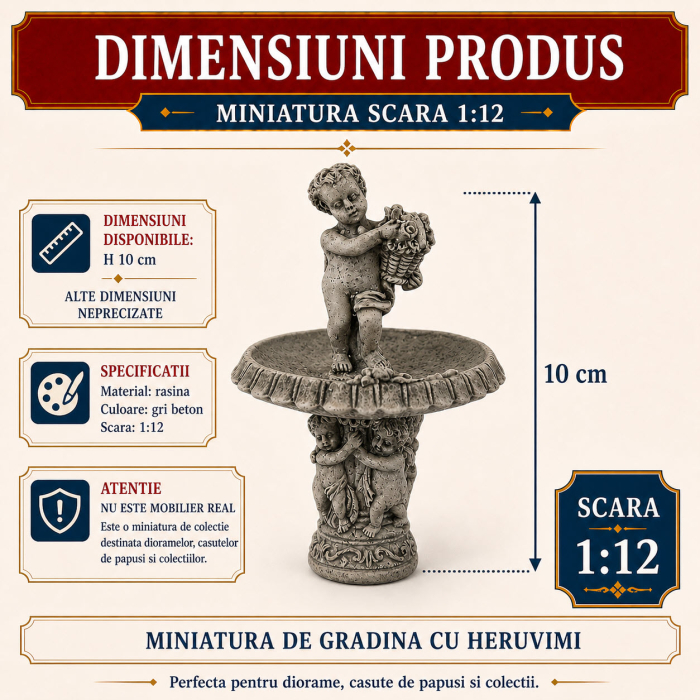 Fantana de gradina cu heruvimi din rasina gri beton, miniatura 1:12 pentru casute de papusi [2]
