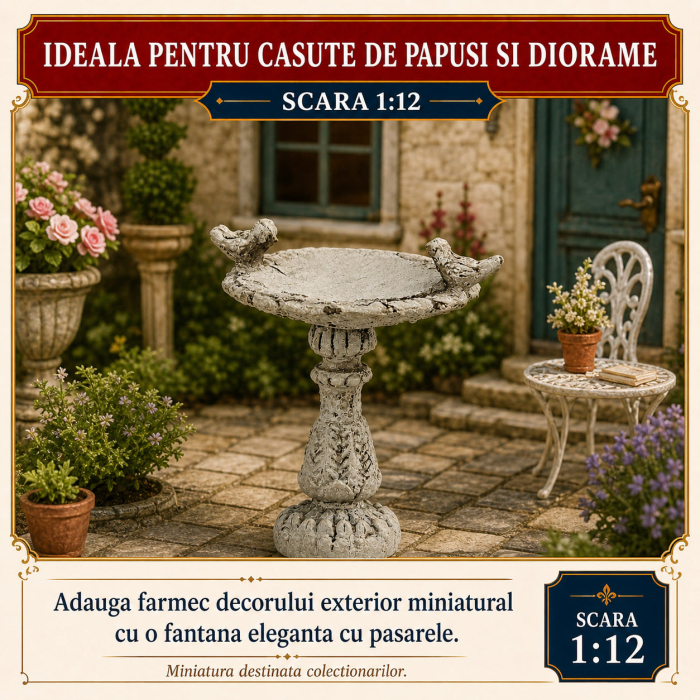 Fantana de gradina cu pasarele din gips gri deschis, miniatura 1:12 pentru casute de papusi [4]