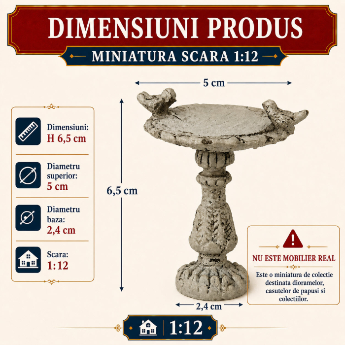 Fantana de gradina cu pasarele din gips gri deschis, miniatura 1:12 pentru casute de papusi [2]