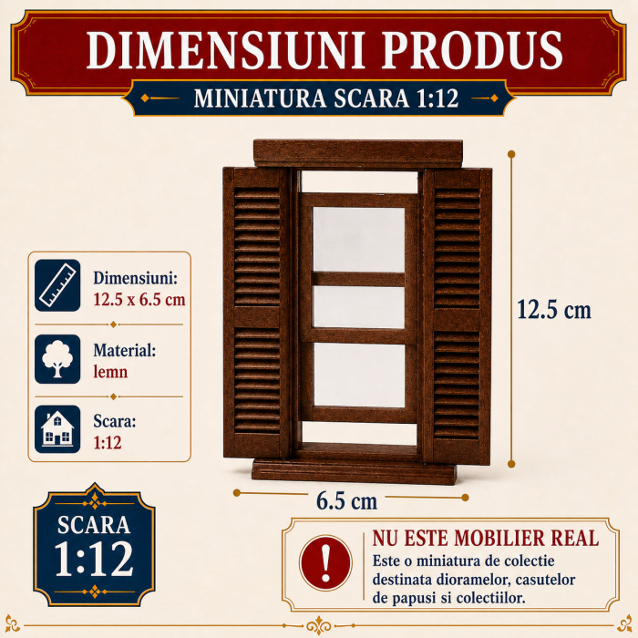 Fereastra miniaturala din lemn cu obloane, culoare nuc, pentru casute de papusi 1:12 [2]