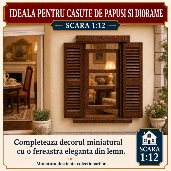 Fereastra miniaturala din lemn cu obloane, culoare nuc, pentru casute de papusi 1:12 [4]