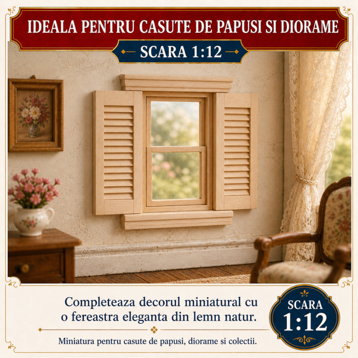 Fereastra miniaturala din lemn natur cu obloane fixe si pervaze, miniatura 1:12 pentru casute de papusi [4]
