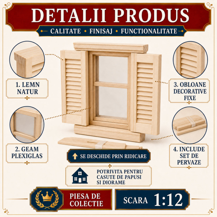 Fereastra miniaturala din lemn natur cu obloane fixe si pervaze, miniatura 1:12 pentru casute de papusi [3]