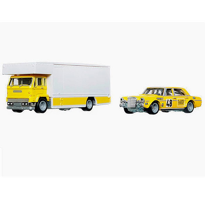 Set Masinute Hot Wheels Premium, Team Transport, Mercedes-Benz 300 SEL 6.8 AMG si Fleet Flyer, 1:64, Alb si Galben [2]