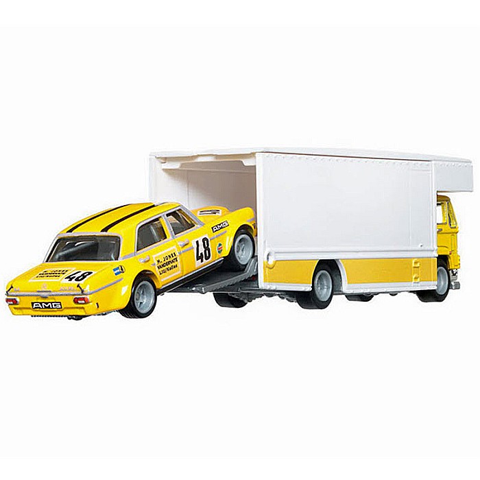 Set Masinute Hot Wheels Premium, Team Transport, Mercedes-Benz 300 SEL 6.8 AMG si Fleet Flyer, 1:64, Alb si Galben [3]