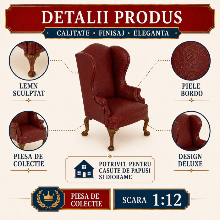 Fotoliu DeLuxe din lemn si piele bordo, miniatura 1:12 pentru casute de papusi [3]