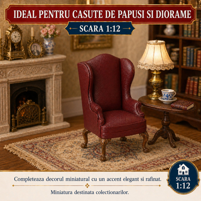 Fotoliu DeLuxe din lemn si piele bordo, miniatura 1:12 pentru casute de papusi [4]