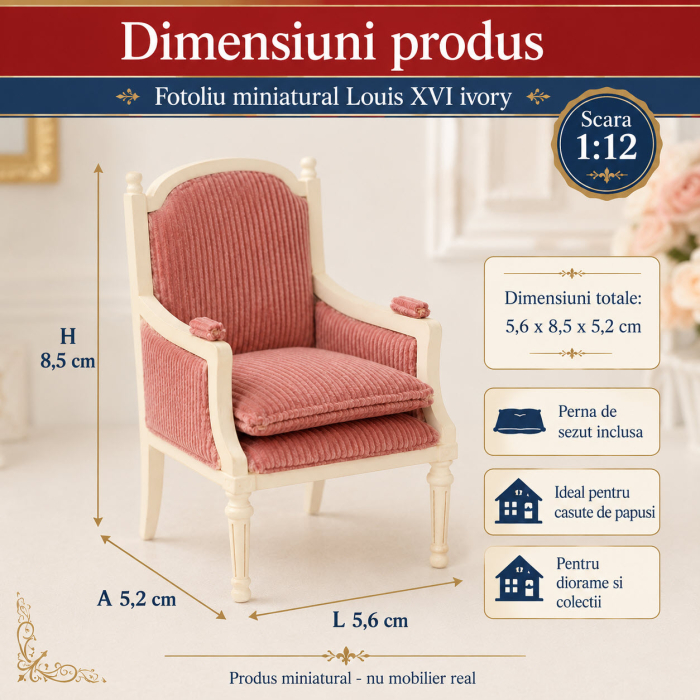 Fotoliu Louis XVI ivory cu tapiterie roz fondant, miniatura 1:12 pentru casute de papusi [2]