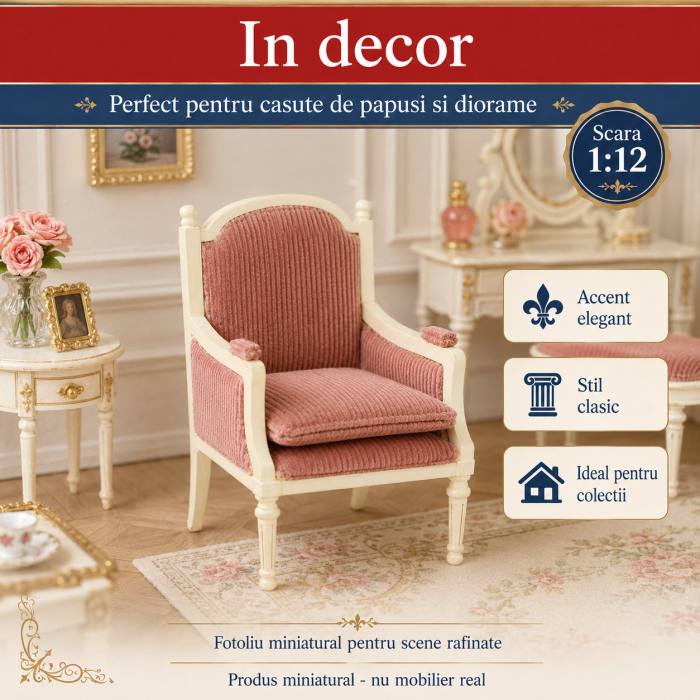 Fotoliu Louis XVI ivory cu tapiterie roz fondant, miniatura 1:12 pentru casute de papusi [4]