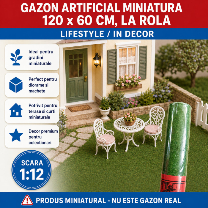 Gazon artificial miniatura 120 x 60 cm, la rola, pentru casute de papusi si diorame [4]