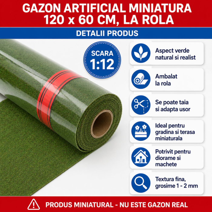 Gazon artificial miniatura 120 x 60 cm, la rola, pentru casute de papusi si diorame [3]