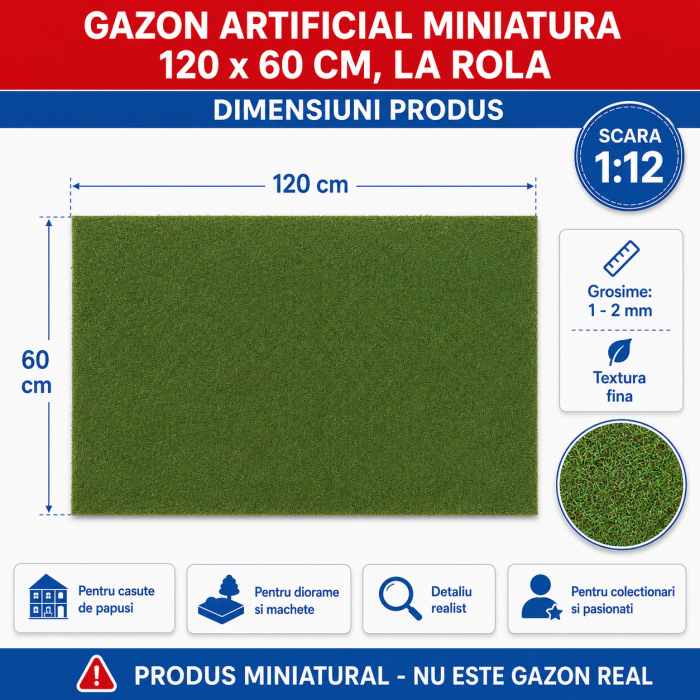 Gazon artificial miniatura 120 x 60 cm, la rola, pentru casute de papusi si diorame [2]