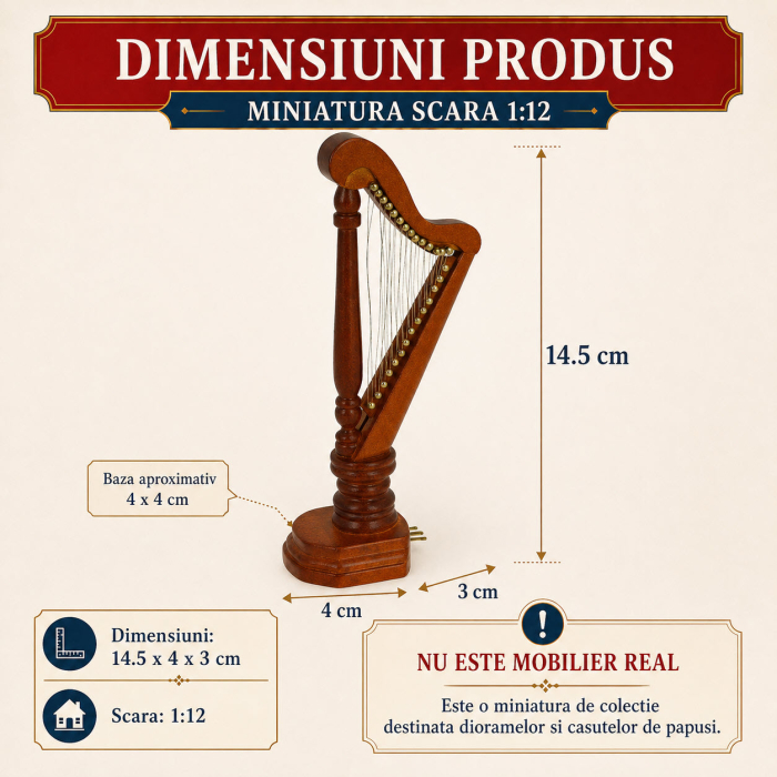 Harpa din lemn culoare cires, miniatura 1:12 pentru casute de papusi [2]