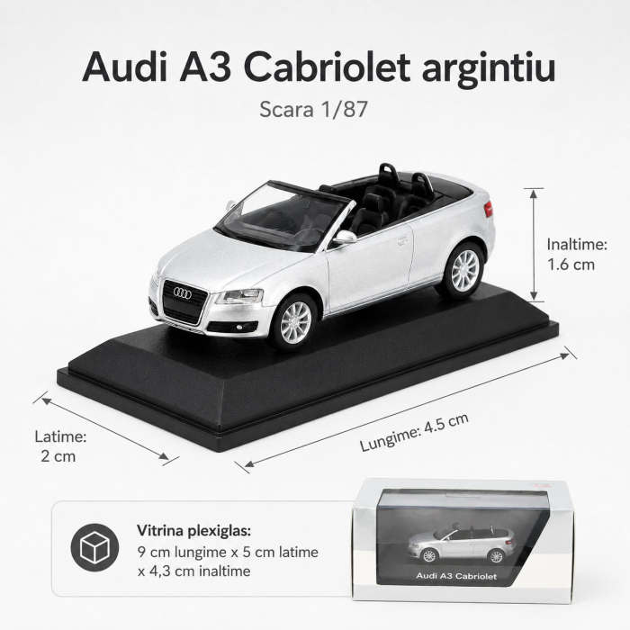 Macheta Audi A3 Cabriolet argintiu, cu vitrina plexiglas, scara 1:87, Audi Collection Dealer Models [3]