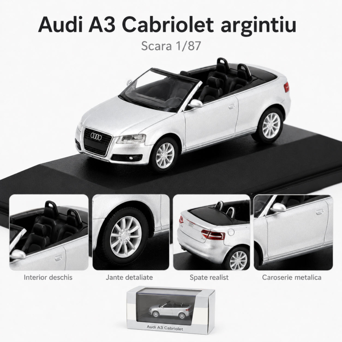 Macheta Audi A3 Cabriolet argintiu, cu vitrina plexiglas, scara 1:87, Audi Collection Dealer Models [4]