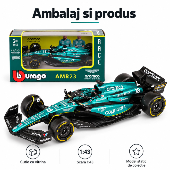 Macheta auto Aston Martin AMR23 F1 #18 Lance Stroll 2023, scara 1:43, Burago [4]